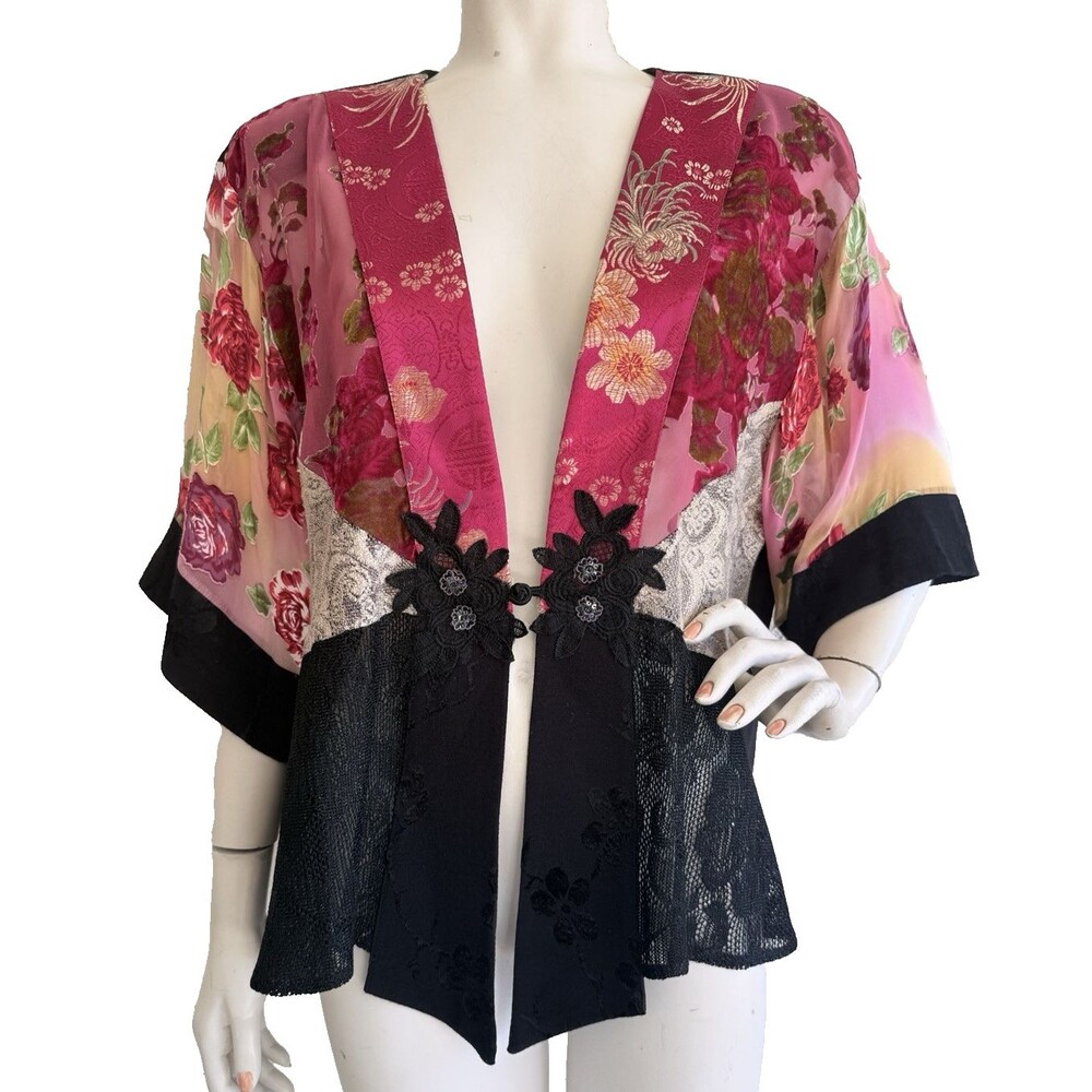 SPENCER ALEXIS Jacket Red Floral Silk Blend Art to Wear Lagenlook Top Size XL